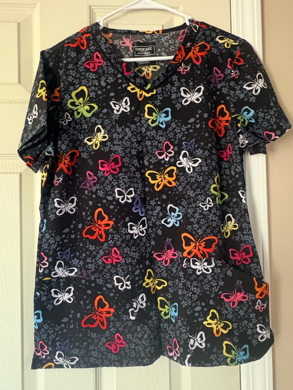 Cherokee Scrub Top Black Short Sleeve Top with Multicolor Butterfly Print